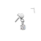 Titanium Threadless Push In Flat Heart Top And Round CZ Dangle