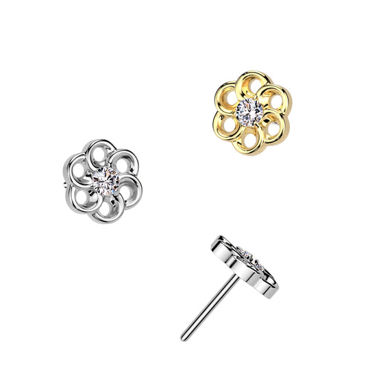 Implant Grade Titanium Threadless Push In Small Hollow Swirl Flower Top With CZ Center