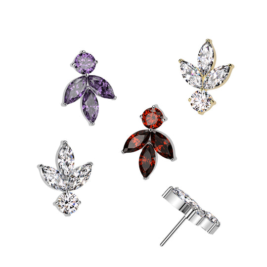 Titanium Threadless Push In 3 Marquise CZ Leaf With Round CZ Top