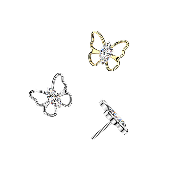 Titanium Threadless Push In Marquise CZ Hollow Butterfly Top