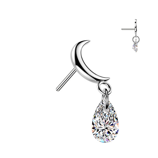 Titanium Threadless Push In Crescent Moon Top With Teardrop CZ Dangle