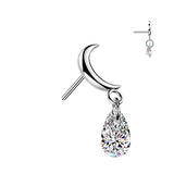 Titanium Threadless Push In Crescent Moon Top With Teardrop CZ Dangle