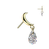 Titanium Threadless Push In Crescent Moon Top With Teardrop CZ Dangle