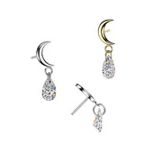Titanium Threadless Push In Crescent Moon Top With Teardrop CZ Dangle