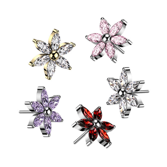 Implant Grade Titanium Threadless Push In 6 Marquise CZ Petals Flower