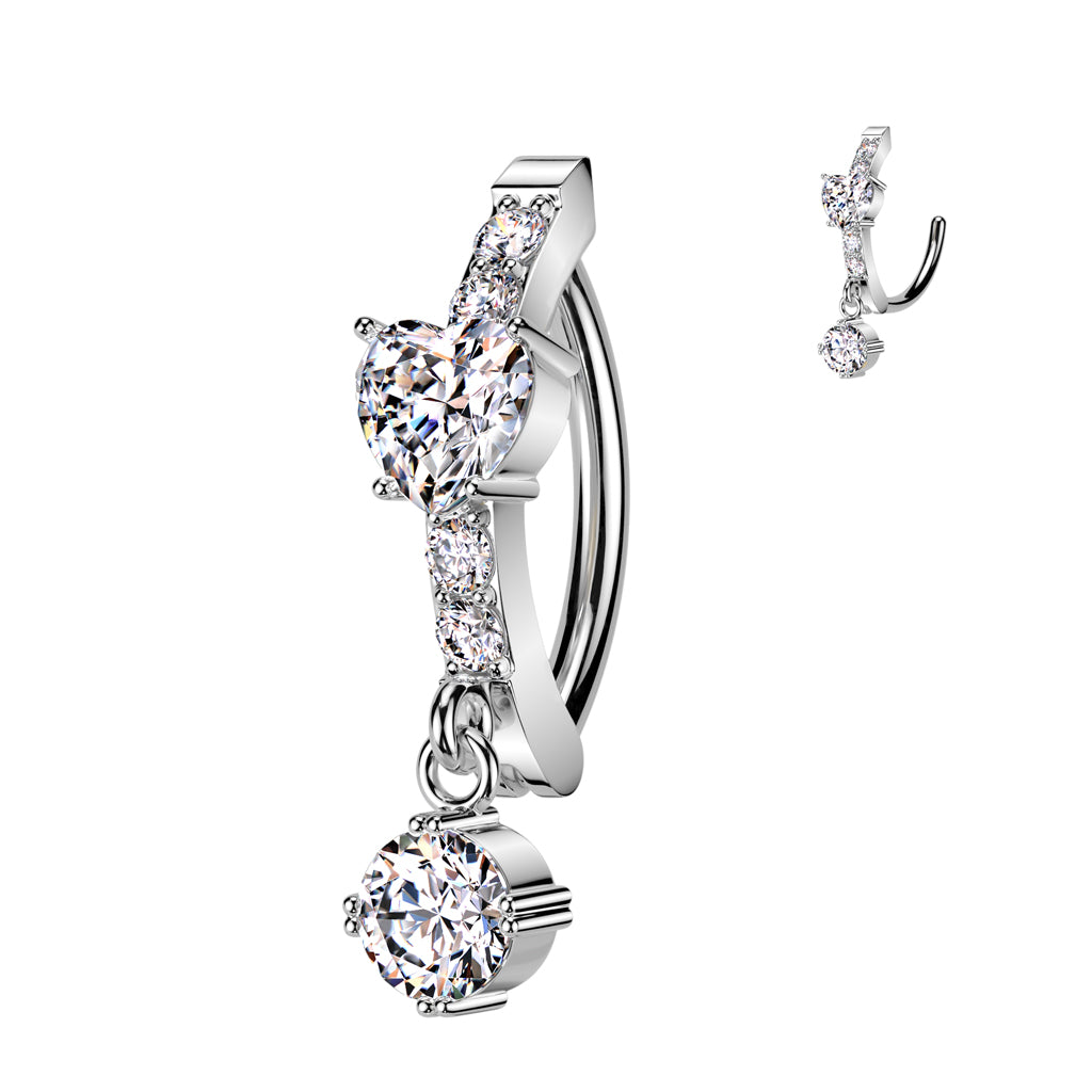 316L Surgical Steel Hinged CNC Belly Button Ring With CZ Heart Center and Round CZ Dangle