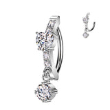 316L Surgical Steel Hinged CNC Belly Button Ring With CZ Heart Center and Round CZ Dangle