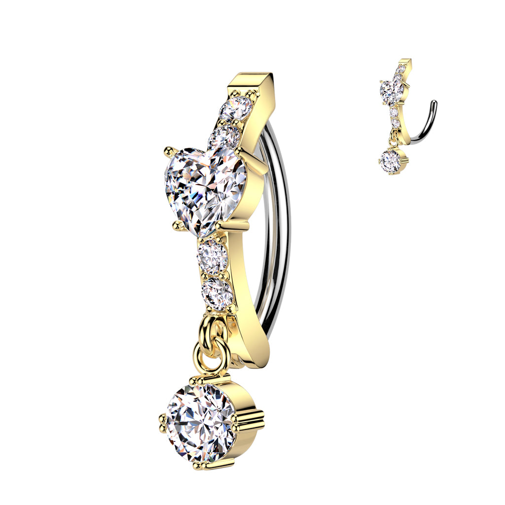 316L Surgical Steel Hinged CNC Belly Button Ring With CZ Heart Center and Round CZ Dangle