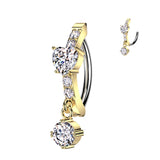 316L Surgical Steel Hinged CNC Belly Button Ring With CZ Heart Center and Round CZ Dangle