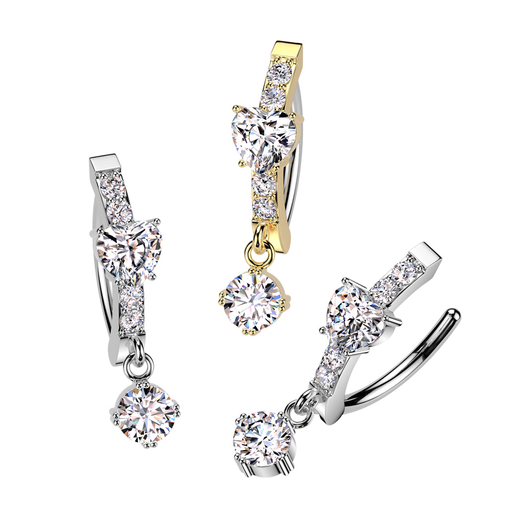 316L Surgical Steel Hinged CNC Belly Button Ring With CZ Heart Center and Round CZ Dangle