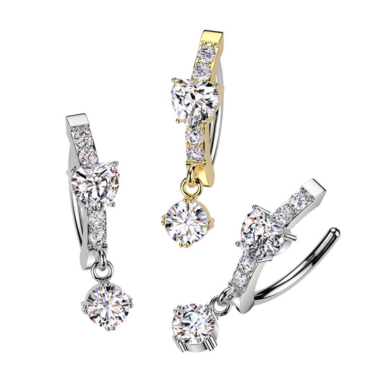 316L Surgical Steel Hinged CNC Belly Button Ring With CZ Heart Center and Round CZ Dangle