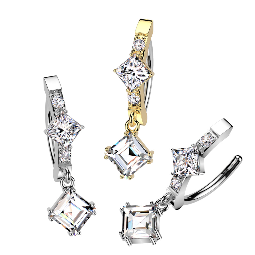 Belly Button Ring With CZ Diamond Center and Diamond CZ Dangle