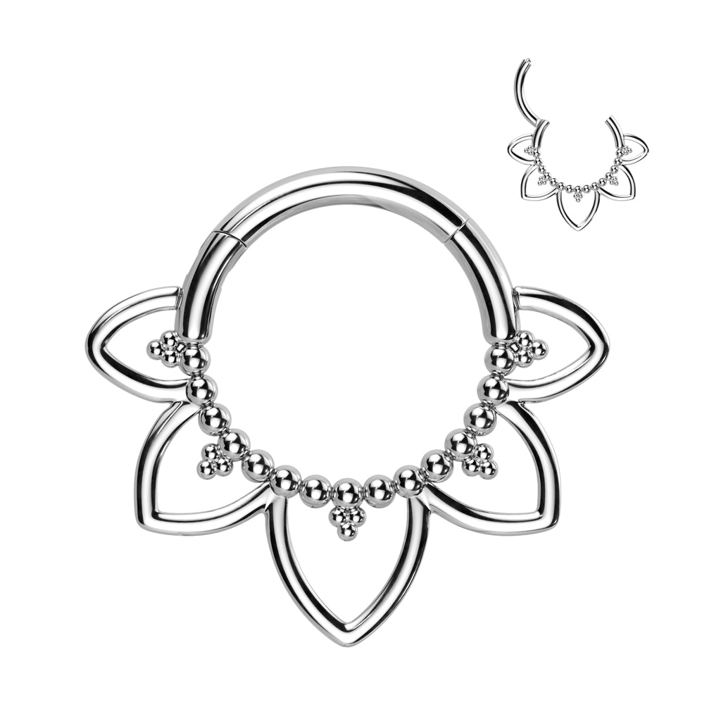 Implant Grade Titanium Hinged Segment Hoop Ring With Heart Filigree and Beaded Balls