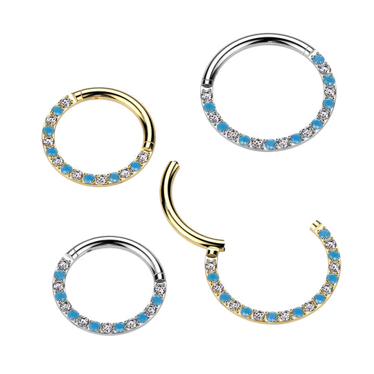 Implant Grade Titanium Hinged Segment Hoop Ring With Forward Facing Pave CZ and Turquoise