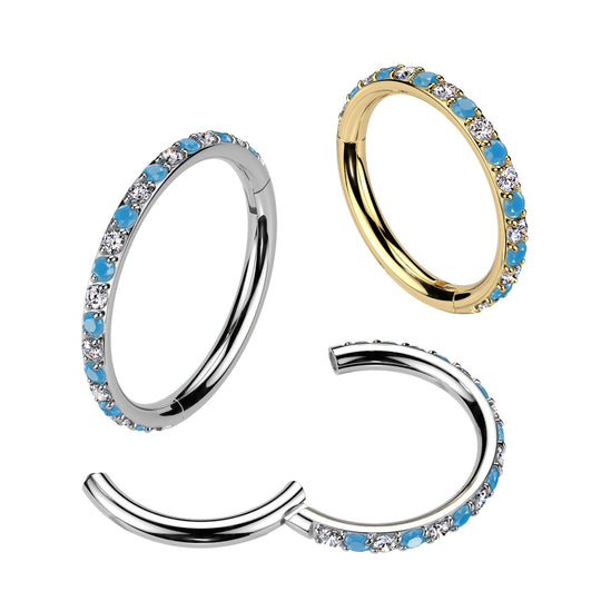Implant Grade Titanium Hinged Segment Hoop Ring With Outward Facing Pave CZ and Turquoise