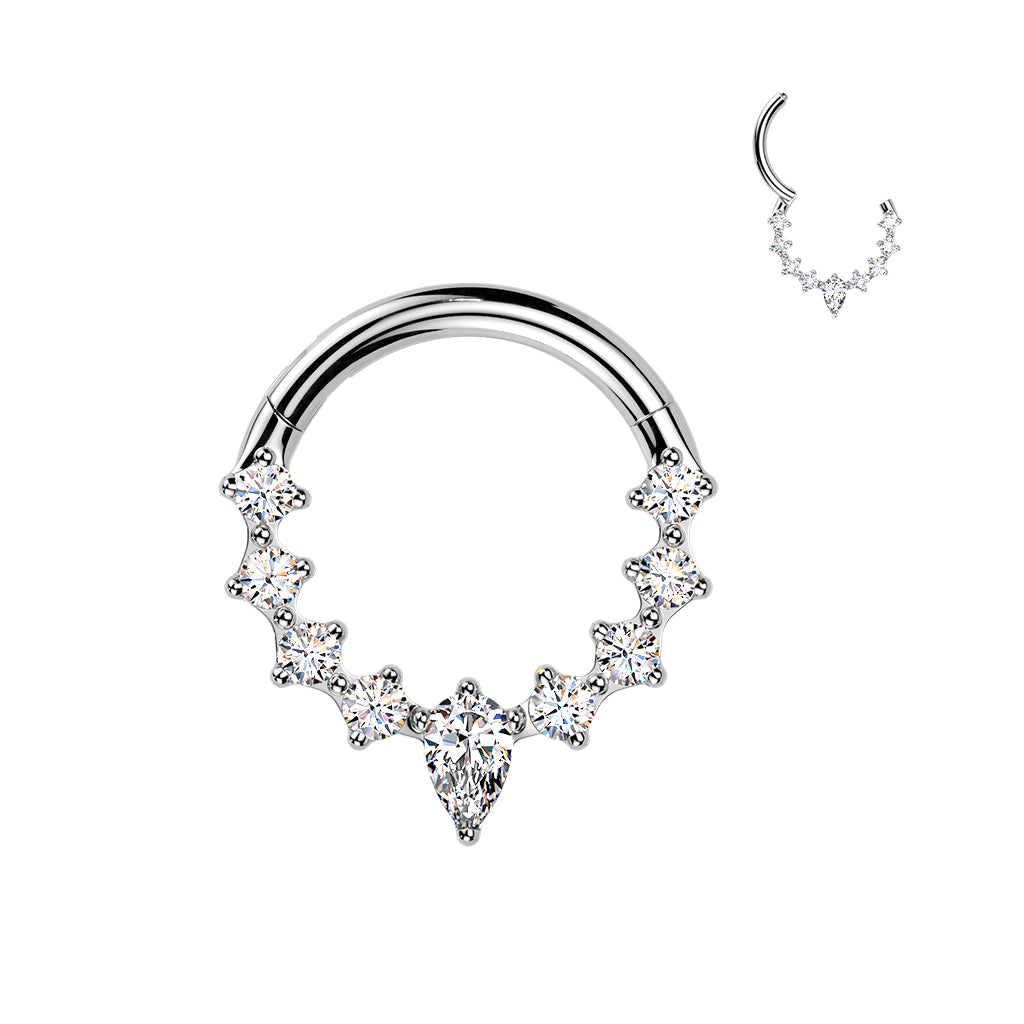 Titanium Hinged Segment Hoop Ring With Teardrop CZ Center And CZ Sides