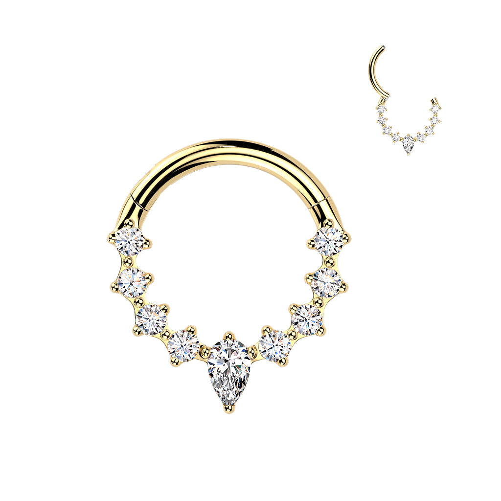 Titanium Hinged Segment Hoop Ring With Teardrop CZ Center And CZ Sides