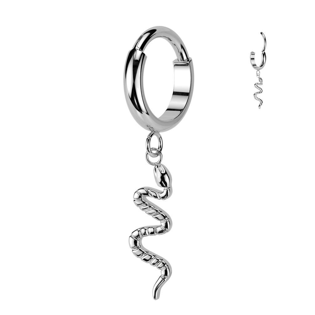 Titanium Hinged 2mm Wide Dome Segment Hoop Ring With Snake Dangle
