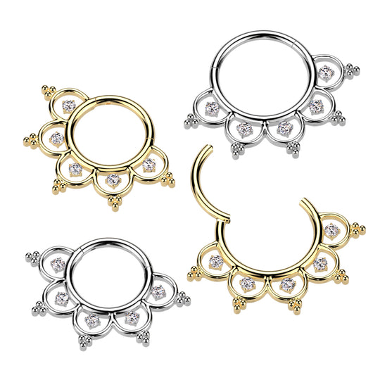 Titanium Hinged Segment Hoop Ring With CZ Filigree