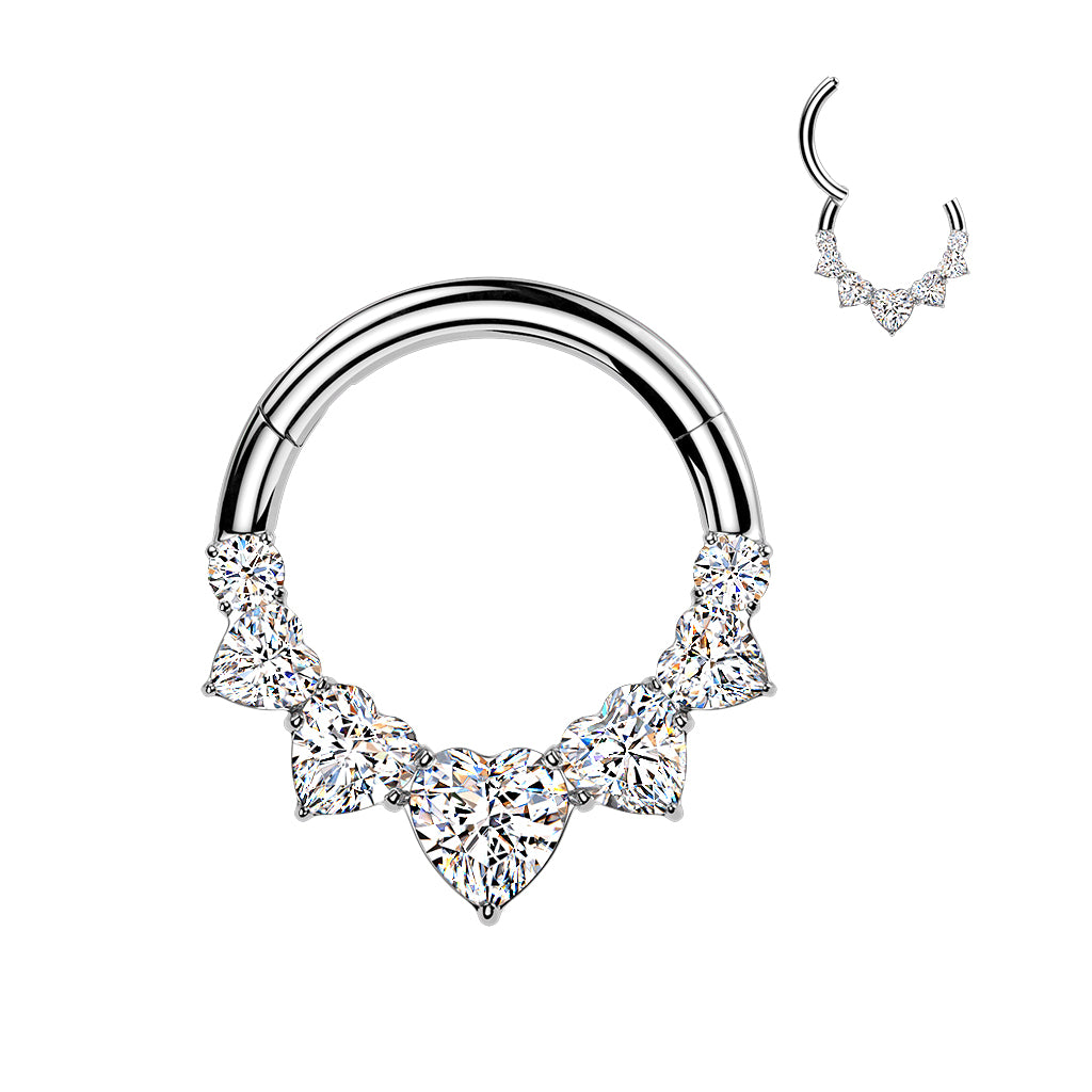 5 Heart CZ Segment Hoop Ring With Round CZ Ends