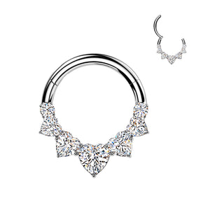 5 Heart CZ Segment Hoop Ring With Round CZ Ends