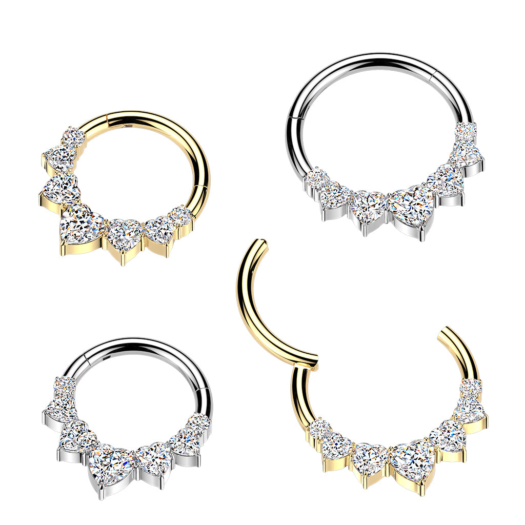 5 Heart CZ Segment Hoop Ring With Round CZ Ends