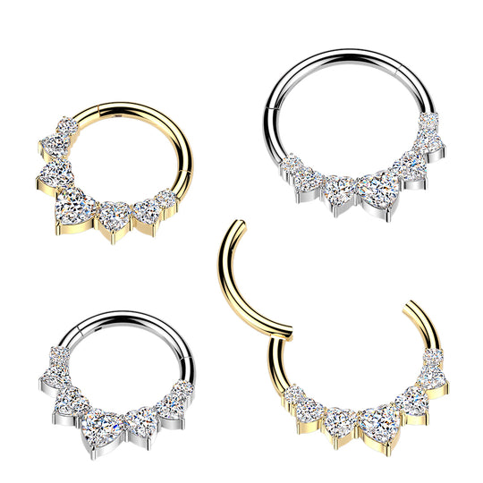 5 Heart CZ Segment Hoop Ring With Round CZ Ends
