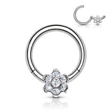 Implant Grade Titanium Hinged Segment Flower Hoop Ring With Bezel Set CZ Center and Prong Set Petals
