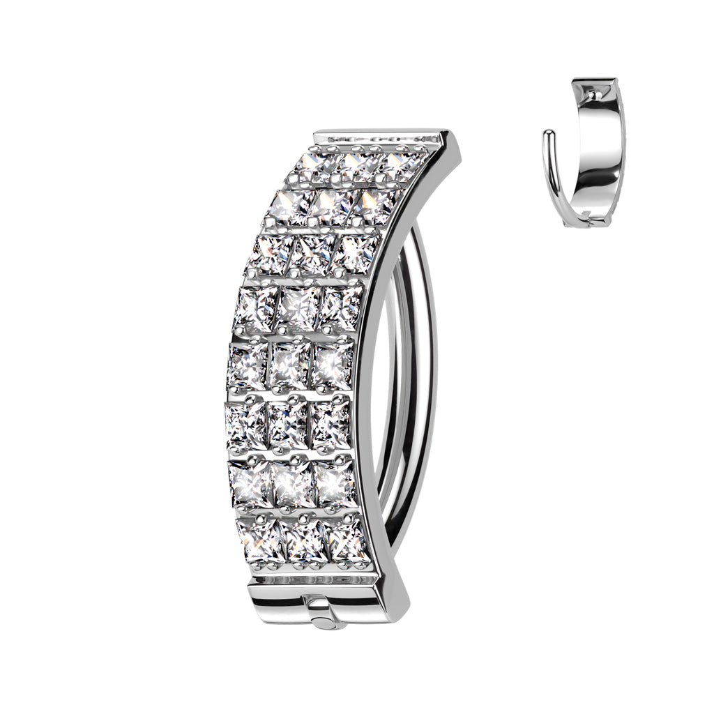 Implant Grade Titanium Hinged Hoop With 3 Pave Line Square CZ Belly Button Ring