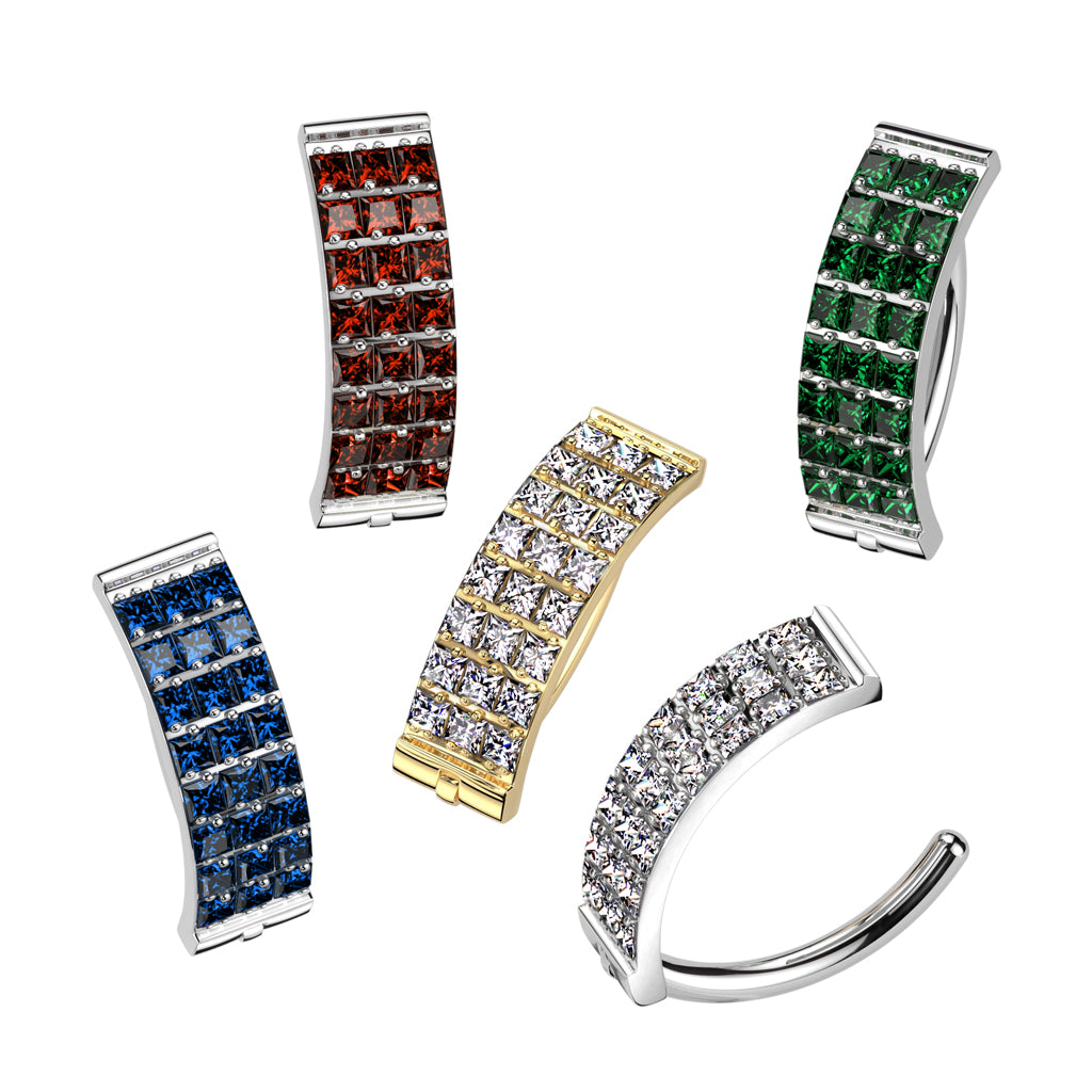 Implant Grade Titanium Hinged Hoop With 3 Pave Line Square CZ Belly Button Ring