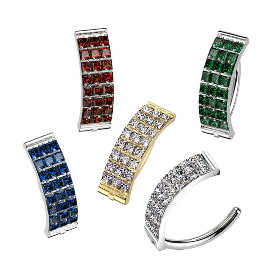 Implant Grade Titanium Hinged Hoop With 3 Pave Line Square CZ Belly Button Ring