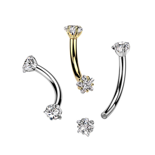 Threaded Curved Barbell With Star Prong Set CZ Ends