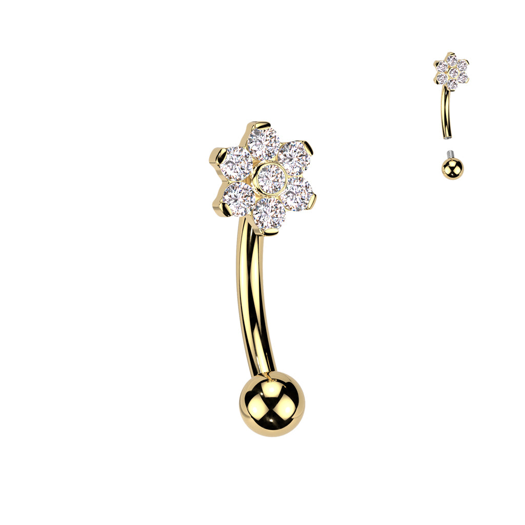 Internally Threaded Curved Barbell With CZ Flower Top