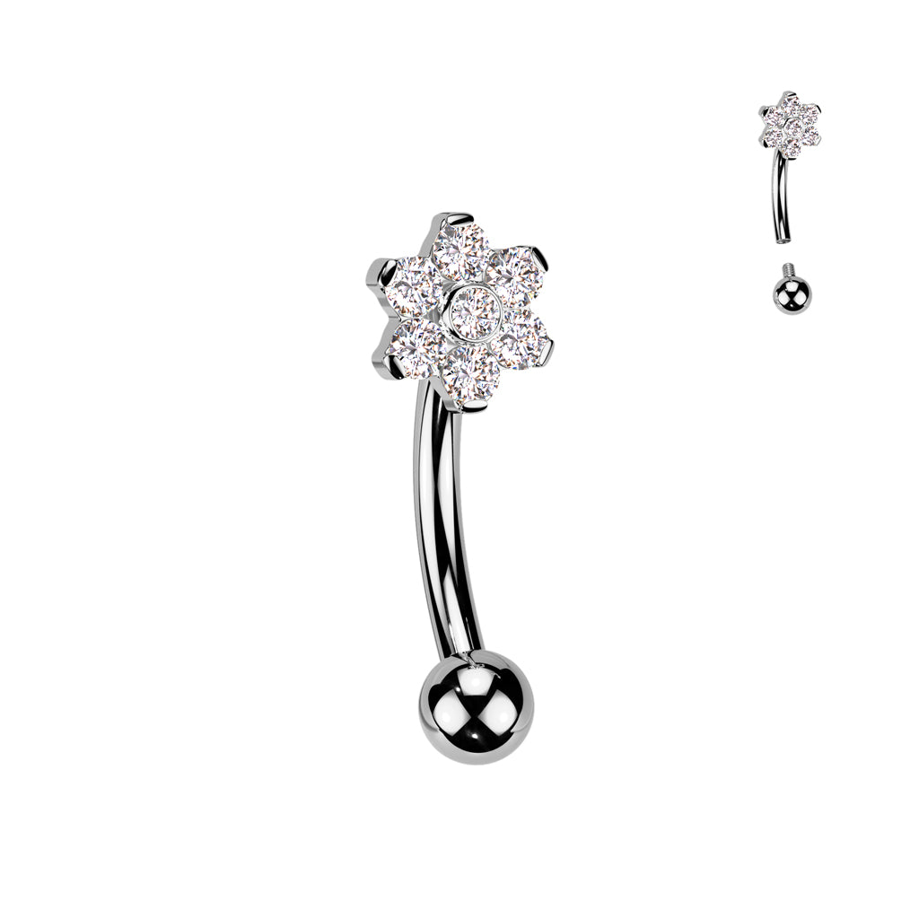 Internally Threaded Curved Barbell With CZ Flower Top