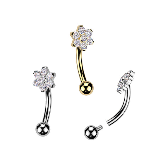 Internally Threaded Curved Barbell With CZ Flower Top