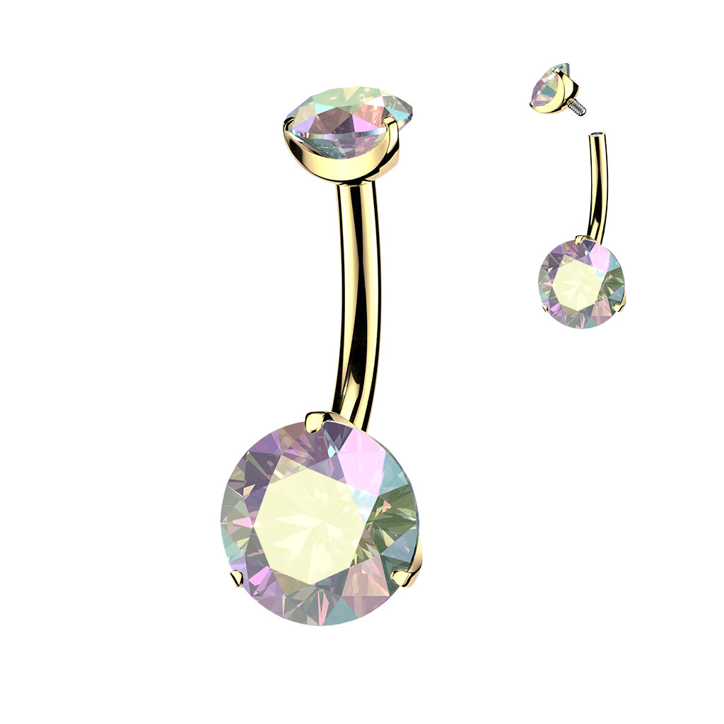 24K Gold PVD Titanium Internally Threaded Prong Set Double CZ Belly Button Ring