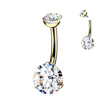24K Gold PVD Titanium Internally Threaded Prong Set Double CZ Belly Button Ring