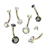24K Gold PVD Titanium Internally Threaded Prong Set Double CZ Belly Button Ring