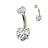 24K Gold PVD Titanium Internally Threaded Prong Set Heart CZ Belly Button Ring