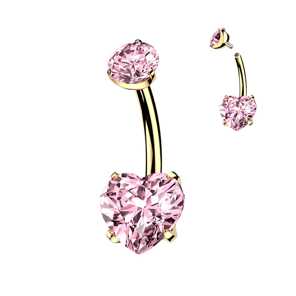 24K Gold PVD Titanium Internally Threaded Prong Set Heart CZ Belly Button Ring