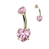 24K Gold PVD Titanium Internally Threaded Prong Set Heart CZ Belly Button Ring