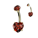 24K Gold PVD Titanium Internally Threaded Prong Set Heart CZ Belly Button Ring
