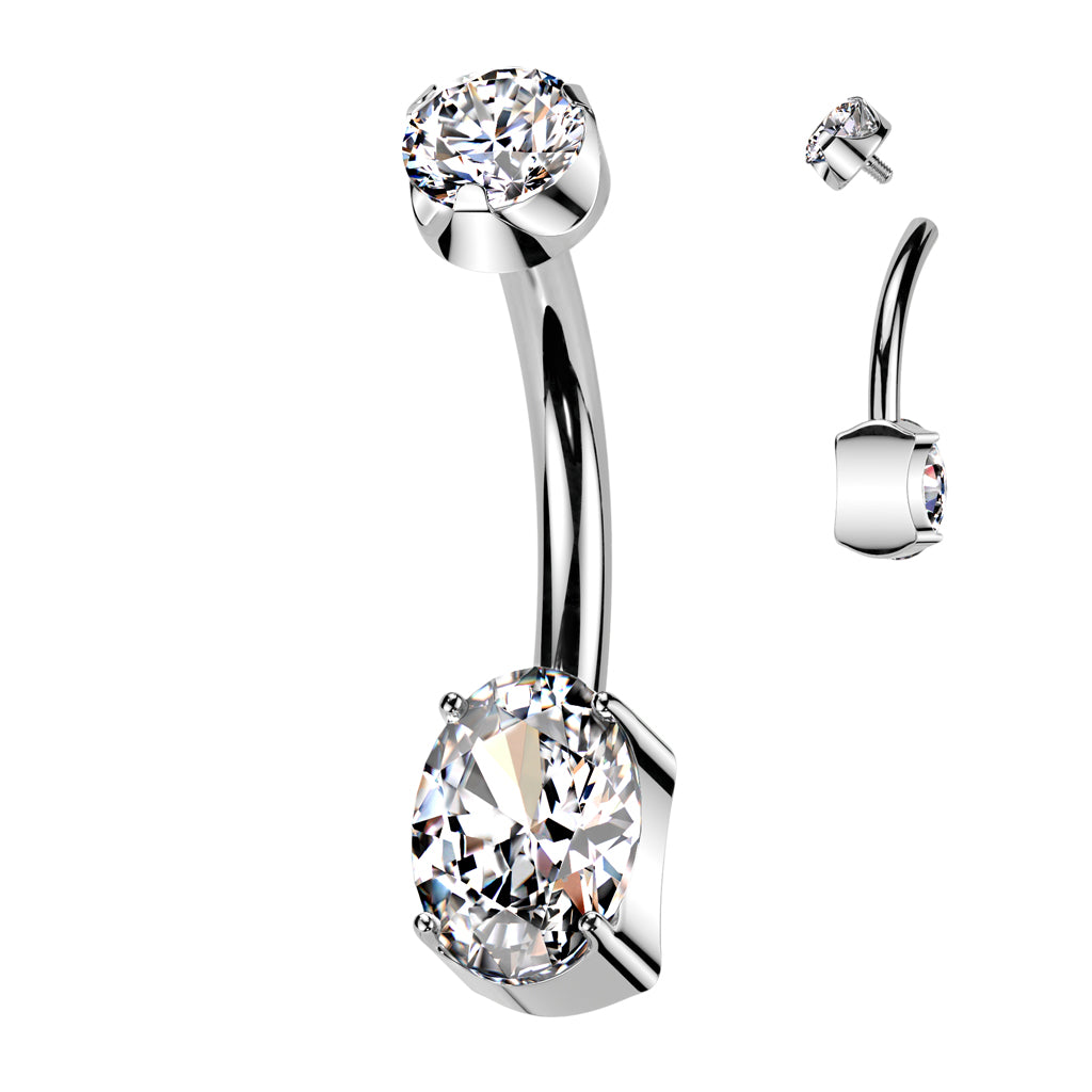 Oval CZ Bottom With CZ Prong Set Top Belly Button Ring