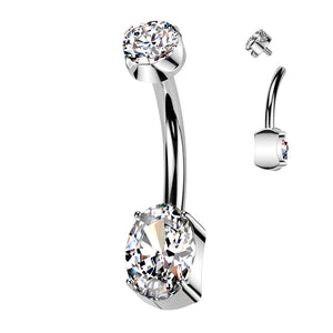 Oval CZ Bottom With CZ Prong Set Top Belly Button Ring