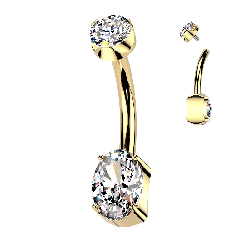 Oval CZ Bottom With CZ Prong Set Top Belly Button Ring