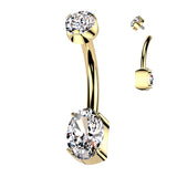 Oval CZ Bottom With CZ Prong Set Top Belly Button Ring