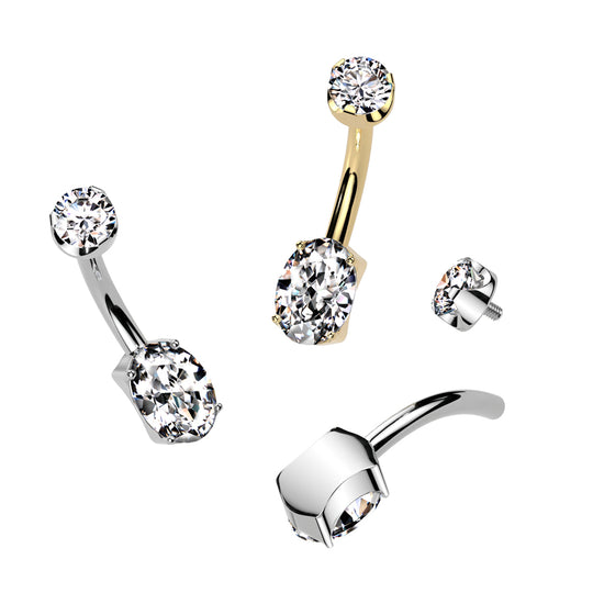 Oval CZ Bottom With CZ Prong Set Top Belly Button Ring