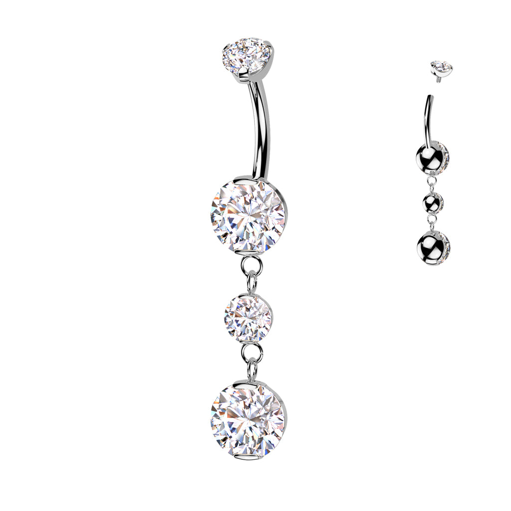 Prong Set Belly Button Ring With 2 Round Prong Set Dangle