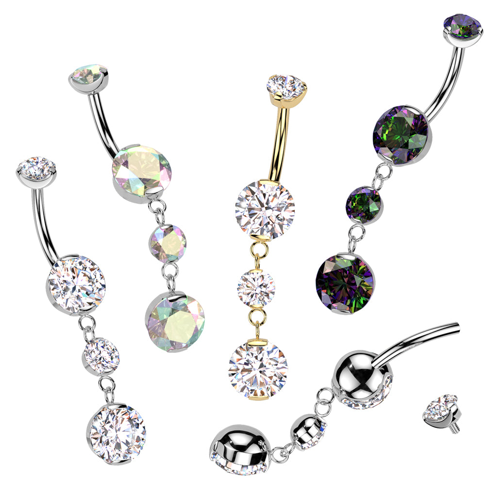 Prong Set Belly Button Ring With 2 Round Prong Set Dangle