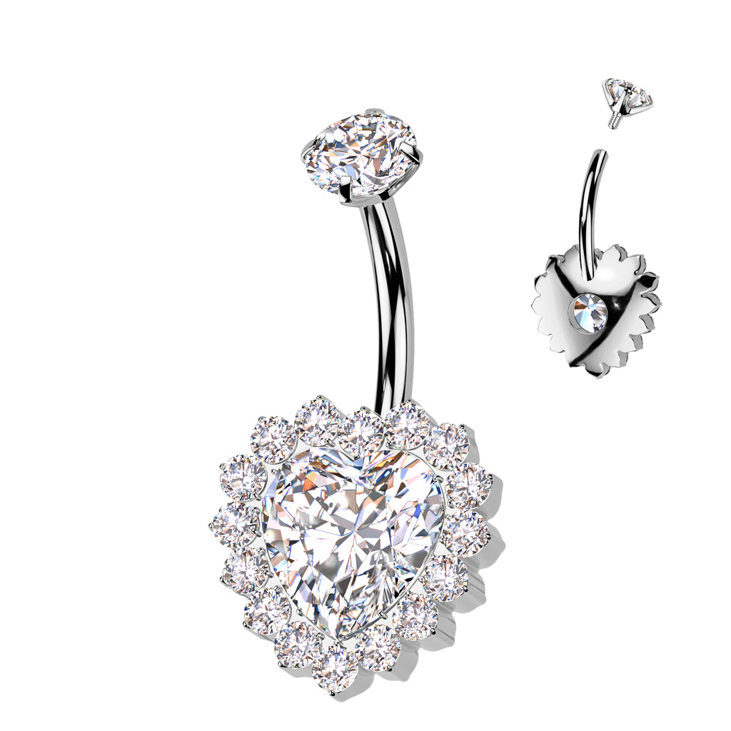 Titanium Internally Threaded CZ Heart Belly Button Ring With CNC CZ Pave Edge